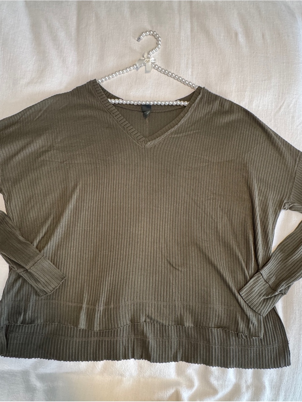 Ribbed V-Neck Sweater in Olive Green